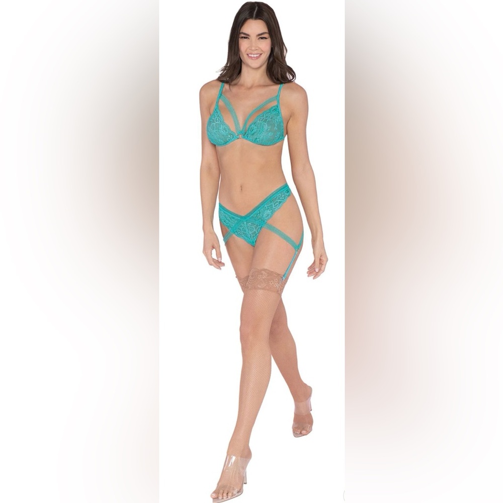 Dreamgirl Scalloped Stretch Lace and Fishnet Striped Elastic 2Pc Set 12605 - OS